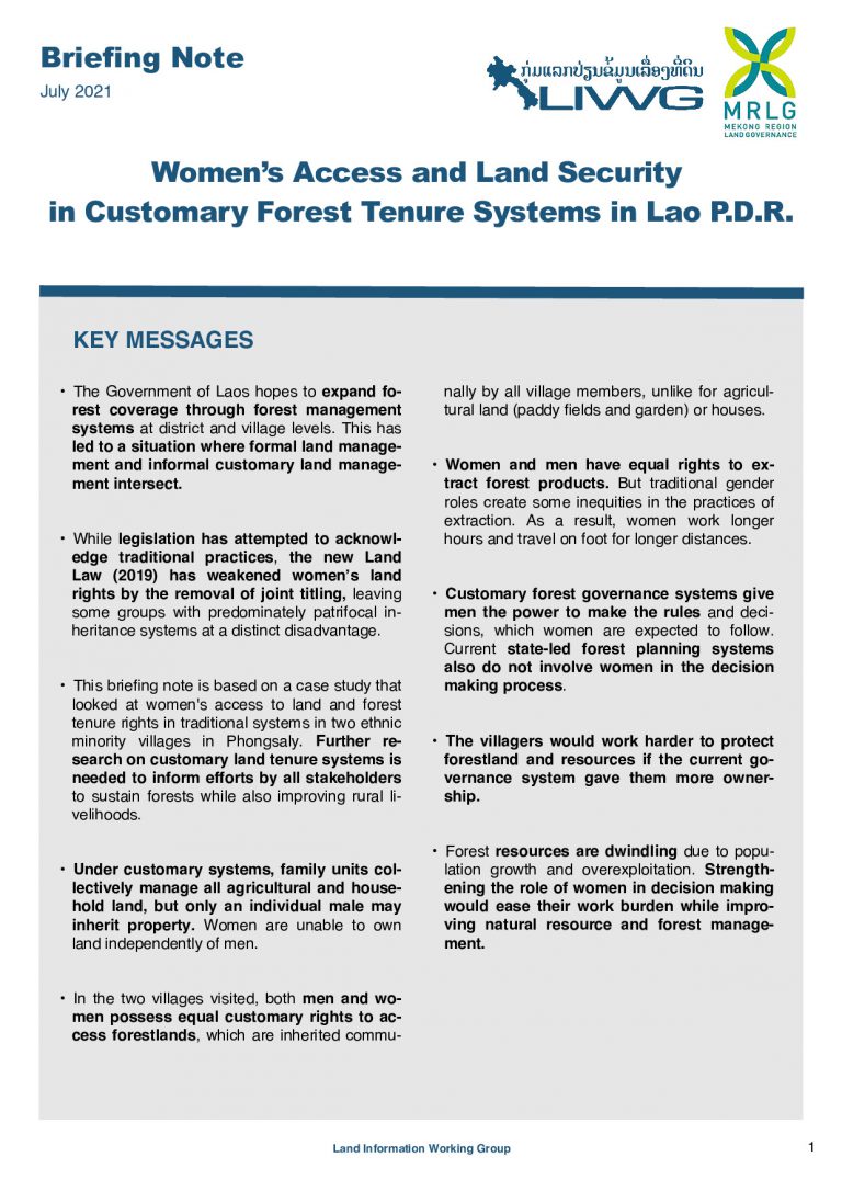 Briefing Note: Women’s Access and Land Security in Customary Forest Tenure Systems in Lao P.D.R.